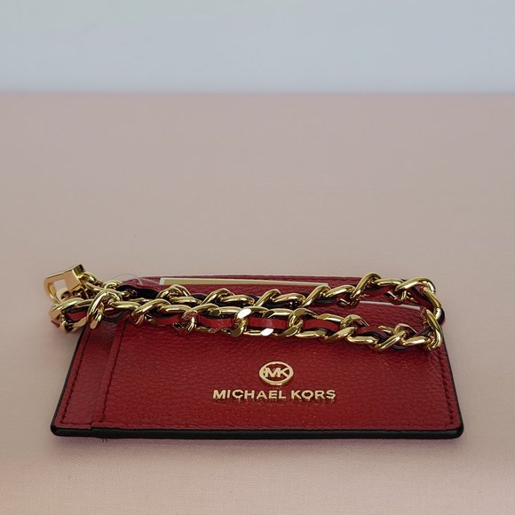MICHAEL KORS Jet Set Small ID Pebbled Leather Chain Card Holder Case-Crimson $69 - Picture 13 of 16